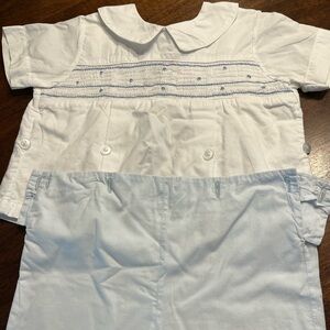 Strasburg Heirloom Collection Boys Smocked Baby Blue/White Suit - Size 24 Months